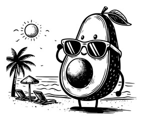 Funny avocado character wearing sunglasses on a sunny tropical beach