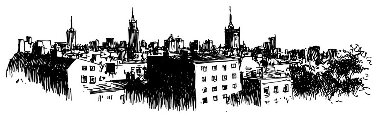 Artistic hand drawn sketch of a city skyline panorama with urban buildings