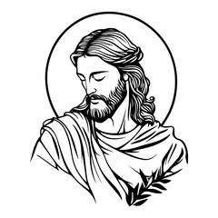 Line art illustration of Jesus Christ with a halo and palm leaf in a clean modern style