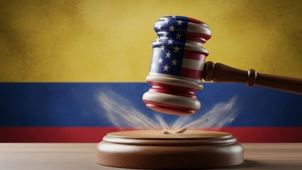 Political relation theme featuring a USA judge gavel making a verdict regarding Colombia.
