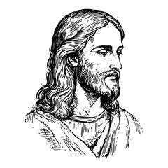 Detailed engraving portrait of Jesus Christ with a beard and long hair in classic vintage style
