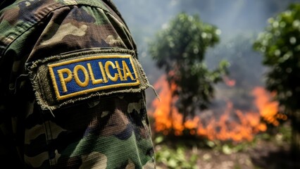 Colombian police officer watching the burning of illegal coca bushes in the jungle.