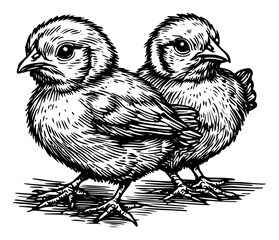 Two cute baby chicks standing together in vintage woodcut style
