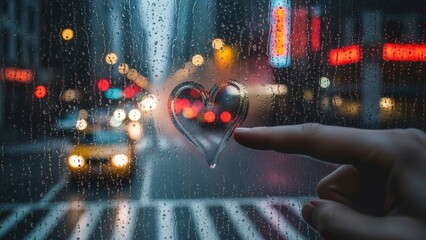 Feeling of longing represented by a heart drawn on a steamy window at night.