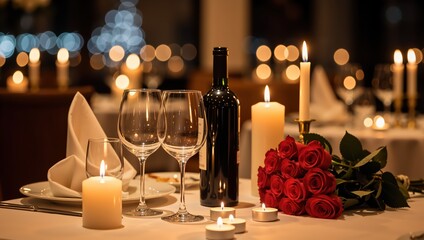 Romantic dinner table setting with red roses and wine bottle. Luxury restaurant interior with candles and glasses. Valentine's Day celebration concept