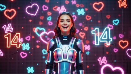 Futuristic Valentine's Day concept with a smiling woman in sci-fi armor. Portrait of a happy female in a cyberpunk suit surrounded by glowing neon hearts and number 14 background