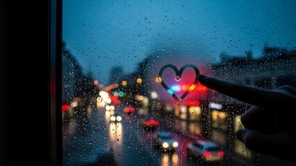 Finger drawing a heart shape on the wet window glass to celebrate Valentine's Day.