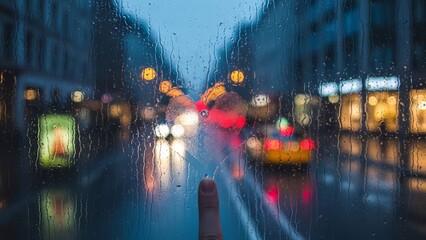 Atmospheric city view seen through a heart outline drawn on condensation for Valentine's.