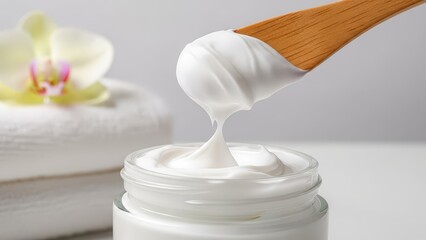 Close up of a wooden spatula lifting thick white cream from a glass jar.
