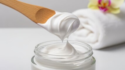 Spa treatment theme featuring organic lotion being applied with a wood stick.