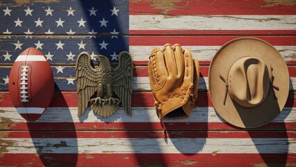 Classic American symbols including a baseball glove, football, and cowboy hat on a wooden USA flag.