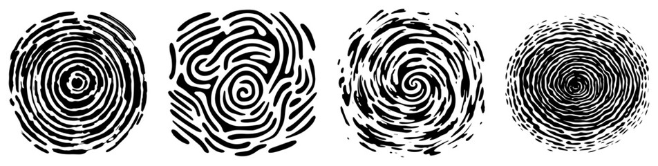 Set of abstract circular spiral patterns resembling fingerprints or wood grain textures