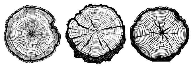 Set of three detailed wood cross sections showing annual growth rings in a vintage engraving style