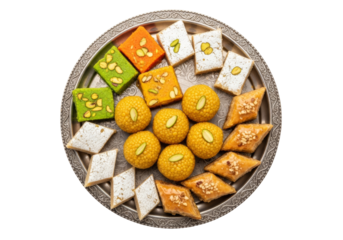 assorted indian mithai platter with colorful sweets and ladoos