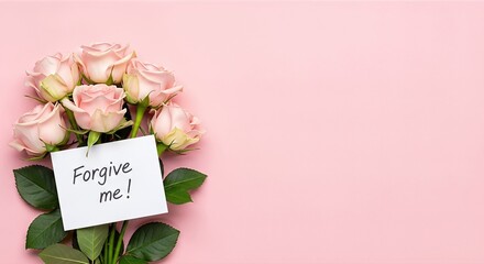 Bouquet of soft pink roses with a note saying forgive me, symbolizing apology and reconciliation, set against a pastel pink background with copy space