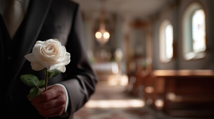 Man holding white rose inside church