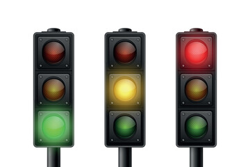Vector 3d Traffic Light Set with Red Yellow Green Signals, Isolated. Stop and Go Concept. Road Safety Control Icon Collection. City Street Intersection Semaphore Illustration
