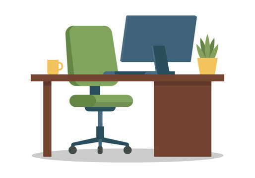 Office desk or table with office chair and computer. Business, workplace interior design. Vector illustration.