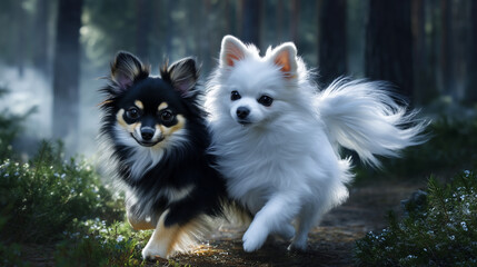 Black Chihuahua and white Pomeranian running side by side in a misty forest, AI generated image (霧のかかった森を並んで走る黒いチワワと白いポメラニアン、AI生成画像)