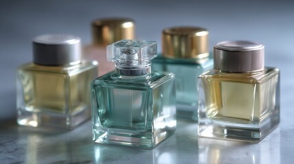 Display of various perfume bottles arranged on a marble surface with soft lighting
