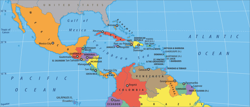 Vector political world map. Fragment of geographical atlas with usa, venezuela, cuba, mexico,
gulf of mexico, bahamas, jamaica, haiti, 
dominican republic,
caribbean sea, caracas, colombia, brazil. 