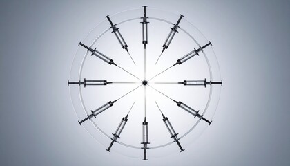 Circular arrangement of twelve metallic syringes forming a clock face with translucent curved lines on gray gradient background