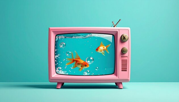 A whimsical pink vintage television converted into an aquarium, with goldfish swimming and playfully jumping out into bubbles, all against a teal background, creating a vibrant and imaginative scene.