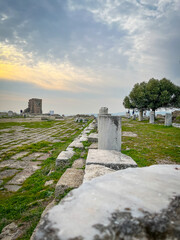 Traverse the Marble Columns of Eumenes II amidst Pergamon Acropolis Sunset Glow