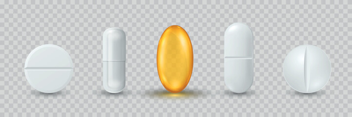 Vector 3d Realistic Pills and Capsule Icon Set, Isolated. Medicine Tablets, Pharmaceutical Pills Clipart. Vitamins and Supplements Design Template. Isolated Medical Capsules