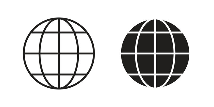 Globe icons in line art and flat black clipart design style