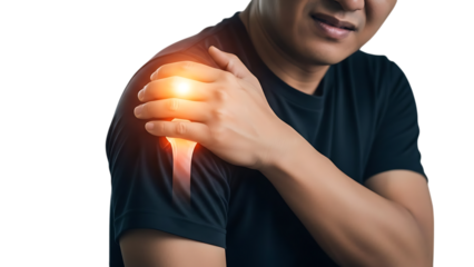 Man holding shoulder showing muscle inflammation and joint pain injury medical concept isolated on transparent background

