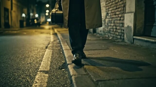 Cinematic low angle of a mysterious man in a trench coat walking late at night on a dark urban street with a briefcase for a suspense concept