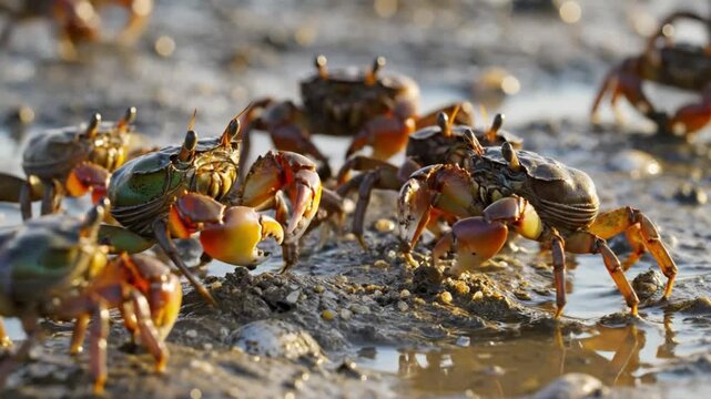 Close-up of numerous crabs interacting on a muddy beach surface with orange, green, and brown coloring in nature.