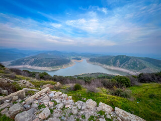 Hellenistic Attalid streams of Selinus River featuring panoramic reservoir mountains in Pergamon