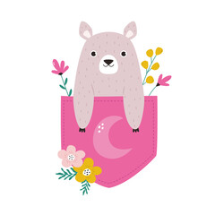 Cute Bear in Pocket with Flowers. Sweet Cartoon Woodland Animal Vector Illustration for Kids © danceyourlife