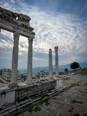 Hellenistic and Roman ruins of Temple of Trajan, Dionysus, Athena featuring towering marble columns in Pergamon