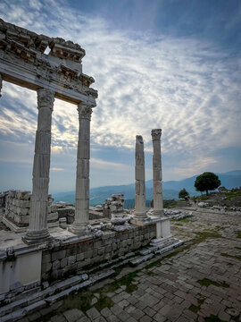 Hellenistic and Roman ruins of Temple of Trajan, Dionysus, Athena featuring towering marble columns in Pergamon