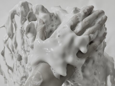 Close-up photo of a hand submerged in foamy water with bubbles.
