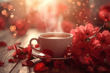 Fototapeta premium Concept for Valentine's Day. Close-up of a cup of hot coffee or tea surrounded by red flowers and hearts on Valentine's Day.