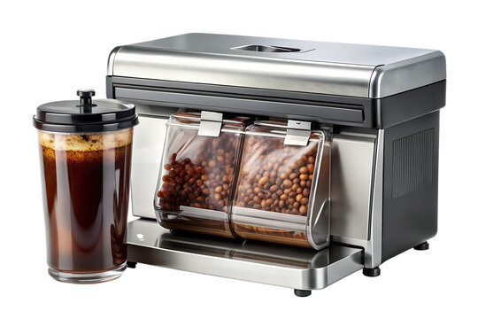 Food sealer machine with vacuum sealed cold brew coffee and coffee beans containers isolated on a transparent background