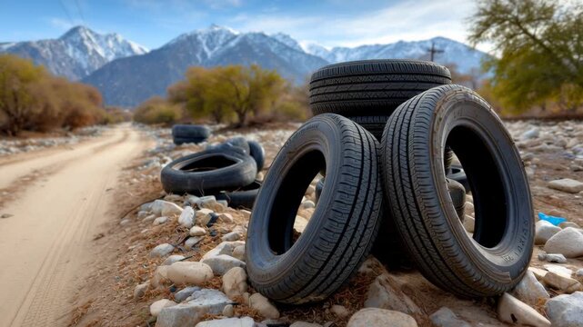 A pile of old tires is on a rocky road. The tires are black and appear to be worn out. The scene gives off a sense of abandonment and neglect
