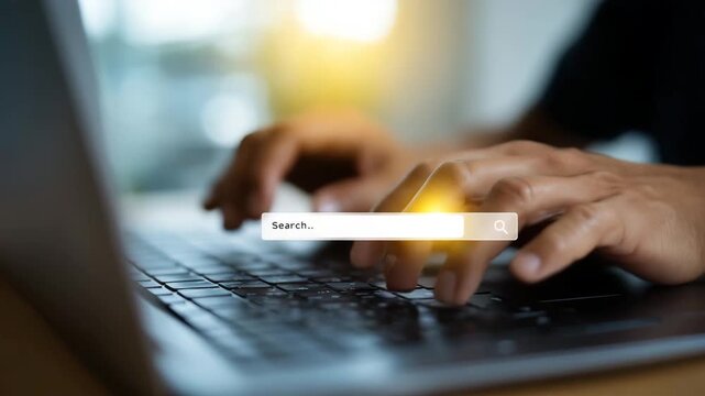 Close-up of hands typing on laptop keyboard with transparent search bar overlay representing online research, internet browsing, SEO optimization, and digital inform