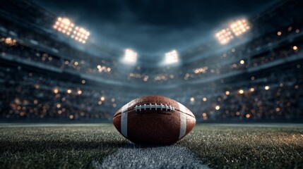 American football on a grass field inside a stadium at night with lights and copy space