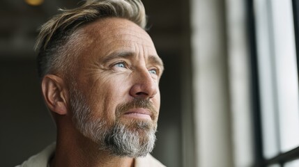 Mature man with gray beard looks out window pensive expression considering new opportunities