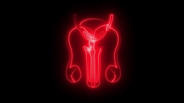 neon male reproductive organs icon with a clean line and medical-style design on a dark background. Represents male anatomy, reproductive health, fertility, urology, sexual health education, and