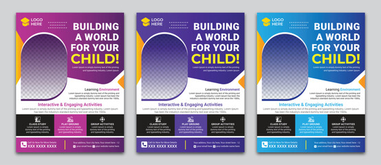Kids' school education flyer template with three color variations.