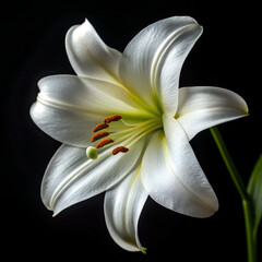 A beautiful macro closeup of a blooming white lily flower with delicate petals and a yellow center, isolated on a solid black background to highlight its natural spring floral beauty
