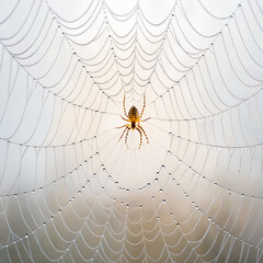 A macro shot captures an arachnid on a wet spiderweb where morning dew drops glisten like jewels on a silk network of nature's design
