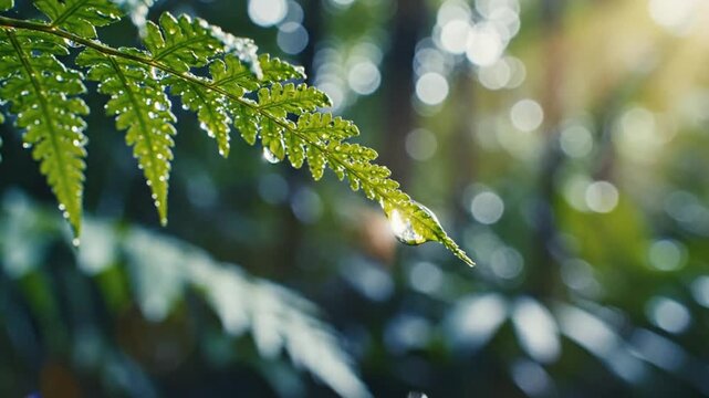 Raindrop forming and dripping from a fern leaf in a sunlit forest, nature's gentle cycle