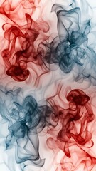 Red and blue smoke swirling together in abstract patterns on white background